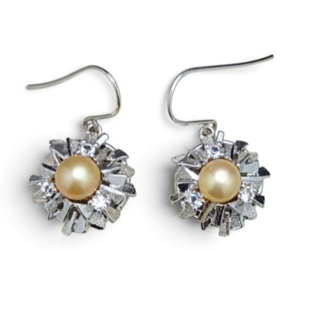 Vintage Sterling Silver Cultured Pearl CZ Drop Dangle Earrings